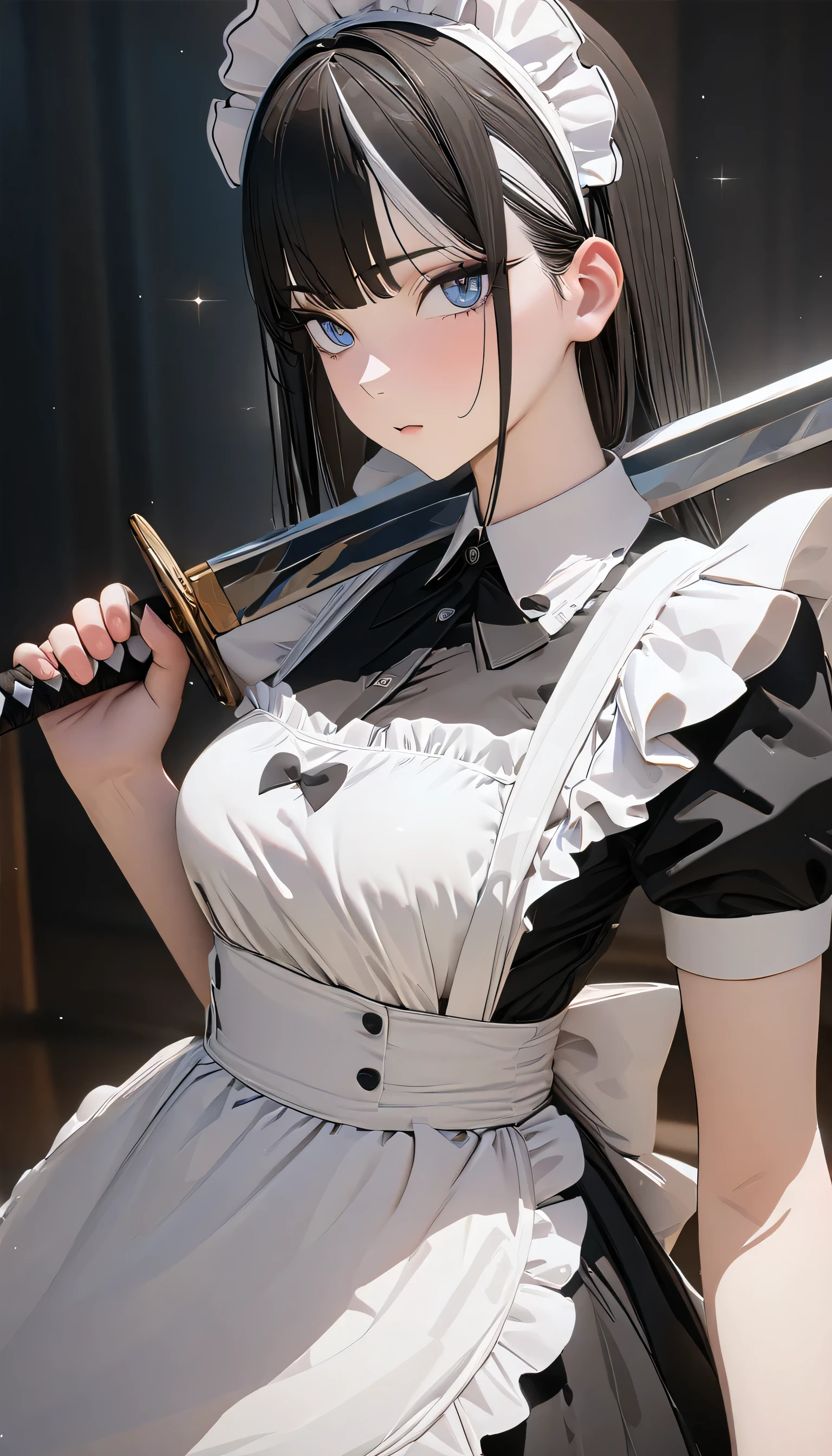 weapon over shoulder, holding weapon, holding sword, ((best quality)), ((masterpiece)), (detailed), perfect face, ((Best quality, 8k, Masterpiece: 1.3)), Maid, maid outfit, combat maid, multicolored hair, hair behind ear, straight hair, maid headdress, anime style, sparkle, Maid costume, frilly maid apron