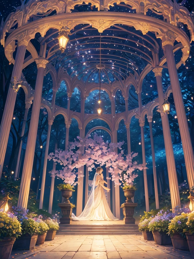 A mystical, dreamlike garden at twilight, where delicate, crystal-like flowers bloom amidst shimmering, iridescent mist. A slender, winding path leads to a glowing, ethereal pavilion, its delicate filigree and sweeping curves evoking the whispers of ancient secrets. Fireflies dance like tiny stars among the blossoms, as the soft, luminous glow of the pavilion casts a warm, enchanted light on the surrounding foliage, inviting the viewer to step into a realm of wonder and magic, hd quality, 4k quality, highly detailed, high quality