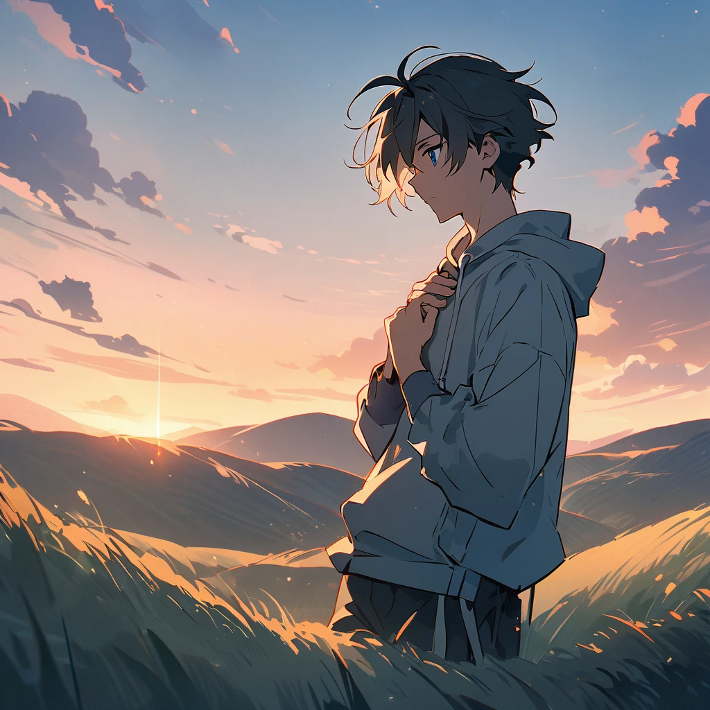 A high quality anime style image depicting an 18 year old boy in a hoodie standing on the top of a hill. The boy places his hands on his chest as a glowing light emanates from it, illuminating his surroundings. In the background is a serene landscape of rolling hills and clear blue skies. A gentle breeze rustles the grass, creating an atmosphere of calm and tranquility. The boy's expression is full of determination and hope, symbolizing his inner strength and enlightenment. The overall mood is one of inspiration and renewal, capturing a key moment of self-discovery and empowerment.