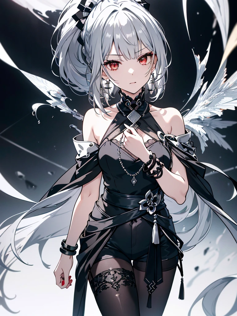 8k,High resolution RAW color art,Anime Art, (((Very detailed and cool))), Detailed skin, Blur、texture,(Exquisitely crafted, The finer details, Ultra-detailed art), (((1 girl))), Depth of written boundary, Silky Touch, Hyper Detail, (((Cool face))), eye shadow、Silver Marble Skin, Beautiful detailed red eyes, Beautiful lip detail, Very delicate face, Delicate depiction of hair and eyes, Detailed Fashion, Silver earrings,Silver Bracelet、Full body depiction, Black half top、(((Shoulder Bare)))、Black shorts、black waist cloak、black tights、 A little bit of grey hair, Ponytail Hair、Semi-long hair、(((Hair)))、water surface、silk clotheatte、Soft clothes