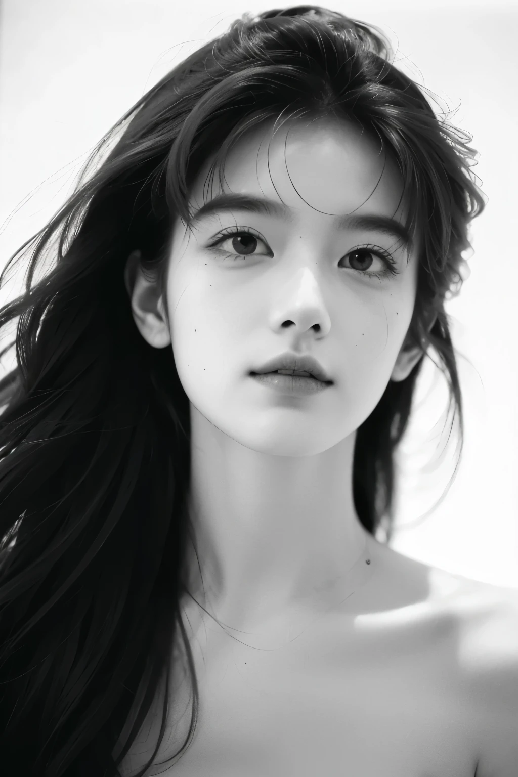 (masterpiece), (best quality), 1 woman, 20 years old, Beautiful girl, perfect face, vintage, tokyo 80s, black and white, monochrome, movie photo, film grain, solid lighting, posing, good anatomy
