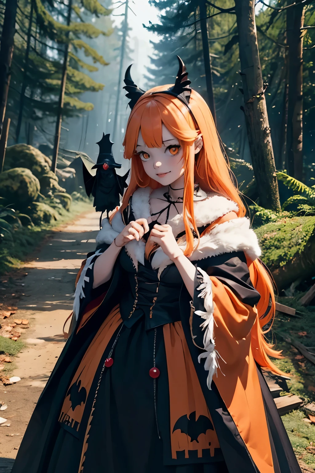 Photorealistic、Cute horror fantasy、ちび女の子doll(Devil Cosplay、Wicked Smile、Sagging under the eyes、Long eyebrows、Long nails、Orange eyes、Wear a long, big cloak) BREAK ,background(dollの周りに音符, (dead tree:1.3), in the forest,shadow the cardboard\(Bat,doll,Crow\)\)