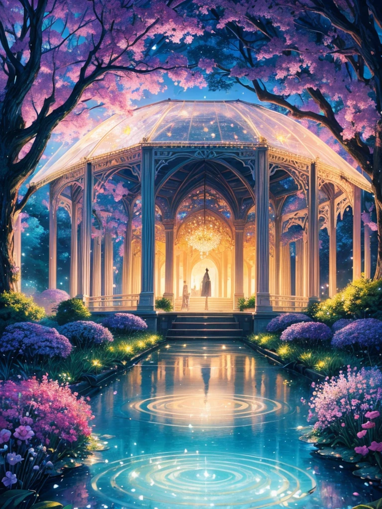 A mystical, dreamlike garden at twilight, where delicate, crystal-like flowers bloom amidst shimmering, iridescent mist. A slender, winding path leads to a glowing, ethereal pavilion, its delicate filigree and sweeping curves evoking the whispers of ancient secrets. Fireflies dance like tiny stars among the blossoms, as the soft, luminous glow of the pavilion casts a warm, enchanted light on the surrounding foliage, inviting the viewer to step into a realm of wonder and magic, hd quality, 4k quality, highly detailed, high quality, make it look more beautiful and anime like