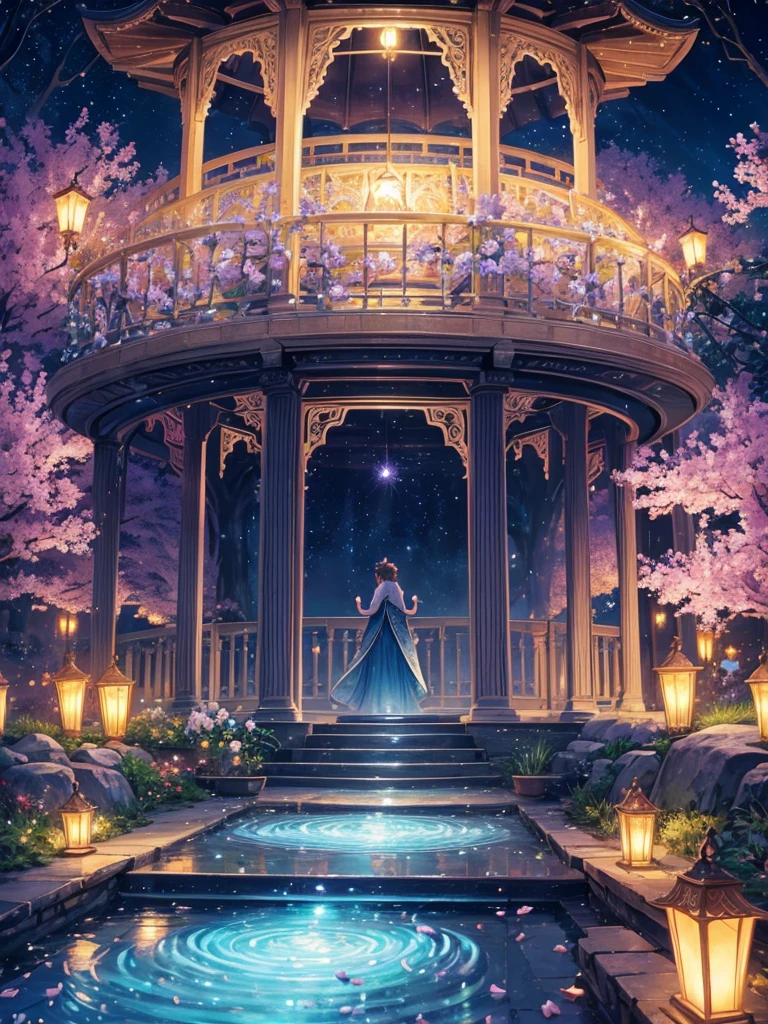 A mystical, dreamlike garden at twilight, where delicate, crystal-like flowers bloom amidst shimmering, iridescent mist. A slender, winding path leads to a glowing, ethereal pavilion, its delicate filigree and sweeping curves evoking the whispers of ancient secrets. Fireflies dance like tiny stars among the blossoms, as the soft, luminous glow of the pavilion casts a warm, enchanted light on the surrounding foliage, inviting the viewer to step into a realm of wonder and magic, hd quality, 4k quality, highly detailed, high quality, make it look more beautiful and anime like