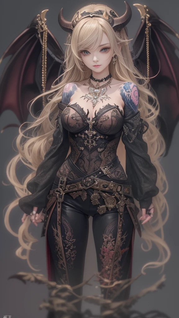 (32K:1.5, Dark fantasy:1.5, Scary portrait:1.5, Highest quality, masterpiece, Ultra-high resolution), Perfect dynamic composition:1.3, chaos, darkness, Dark Demon World:1.3, (Detailed tattoos on the whole body:1.5, wearing exquisite jewelry:1.5), Very detailedな肌と顔の質感:1.3, Very accurate, Very detailed, (Cute and sexy succubus demon with big wings:1.3, Incredibly slim body:1.3, beautifully、beautiful:1.3), Prisoner, slave, Horn, Fair skin, Sensual posture, (How to dress properly in badly torn clothing:1.3), Mid-chest, Don't show areola, (Big eyes that exude beautiful eroticism:0.4, Her facial expression when she felt intense caressing:1.0, Open your mouth a little, lipstick, Feel the beautiful eroticism:0.9, Too sexy and cute:0.9, charm的な:0.9), ((torture:1.5, Lots of chains:1.6, Countless chains tangled in clothes:1.6, Chain your right arm:1.5, Chain the left arm:1.5, The right leg is bound with a shackle and chain:1.5, The left leg is bound with a shackle and chain:1.5)), An immeasurable amount of fluid flows through the body., Super long blonde curly hair, Earrings, necklace, bracelet, romantic, mysterious, elegant, Object of admiration, original, dramatic, artistic, Innovative, charm, Heartful, Fancy, sense of openness, sense of cleanliness, special, exciting, Extreme, Tilt, sense of loss, sorrow, sorrowの表現, ((大人のcharm, 女性的なcharm))