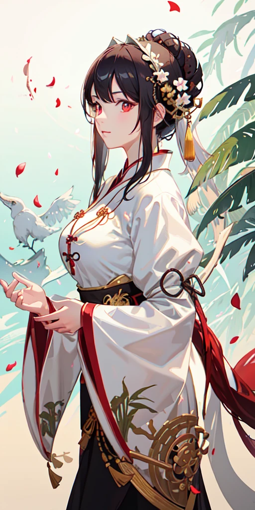 (masterpiece:1.3),intricate, (best quality:1.1), ((1girl)), ((solo)), (red eyes:1.4), (finely detailed eyes and detailed face:1.3), (beautiful and clear background:1.2), (extremely detailed CG, ultra-detailed, best shadow:1.1), ((depth of field)), ((watercolor)), ((bamboo forest)),(rich background),(goddess:1.5), (Chinese style),(Han Chinese Clothing:1.3),(Swordsman: 1.3),(swordsman:1.5),large breasts, bare shoulders,flowers,(petals), beautiful concept illustration, (white background:0.5), (illustration:1.1), (extremely fine and beautiful:1.1), (perfect details:1.1), from side, cowboy shot,(red:0.4,blue0.3,green:0.7)