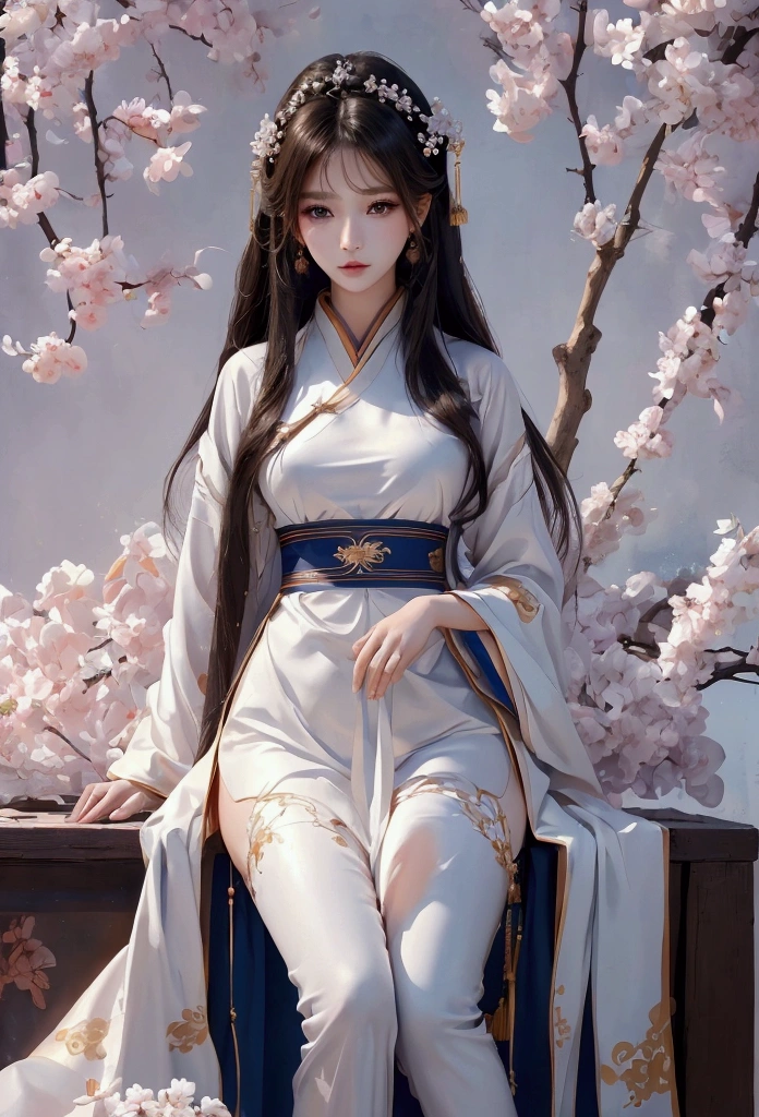 Best image quality、8k、masterpiece:1.3))、Realistic high-quality photos、Highest quality、 Beautiful face、Photos of slim models、Beautiful girl model、Young and pretty face、Beautiful model girl、A lovely and delicate face、Black Hair、Beautiful brown eyes、Young Body、Hanfu, (emphasize)、from the front、Camera gaze,、Anatomically correct、胸の谷間をemphasize、whole body、Exposed thighs、Watercolor、White clothes、Standing pose