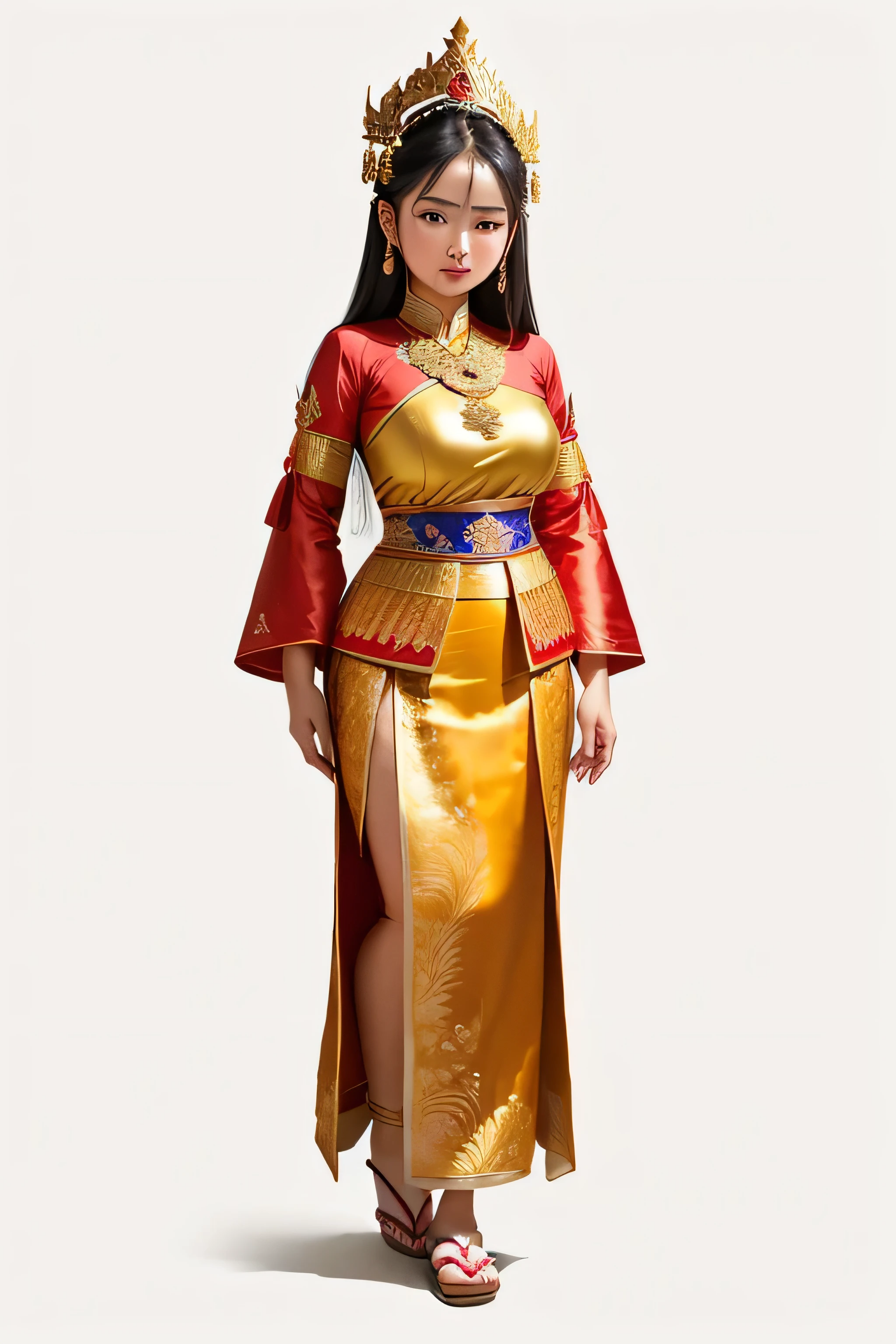 arafed woman in a traditional thai dress with a praying hand, sukhothai costume, traditional dress, wearing traditional garb, traditional, traditional clothing, wearing authentic attire, traditional clothes, tai costume, south east asian with long, traditional tai costume, idian dress, full body photograph, in style of thawan duchanee, traditional costume, traditional beauty