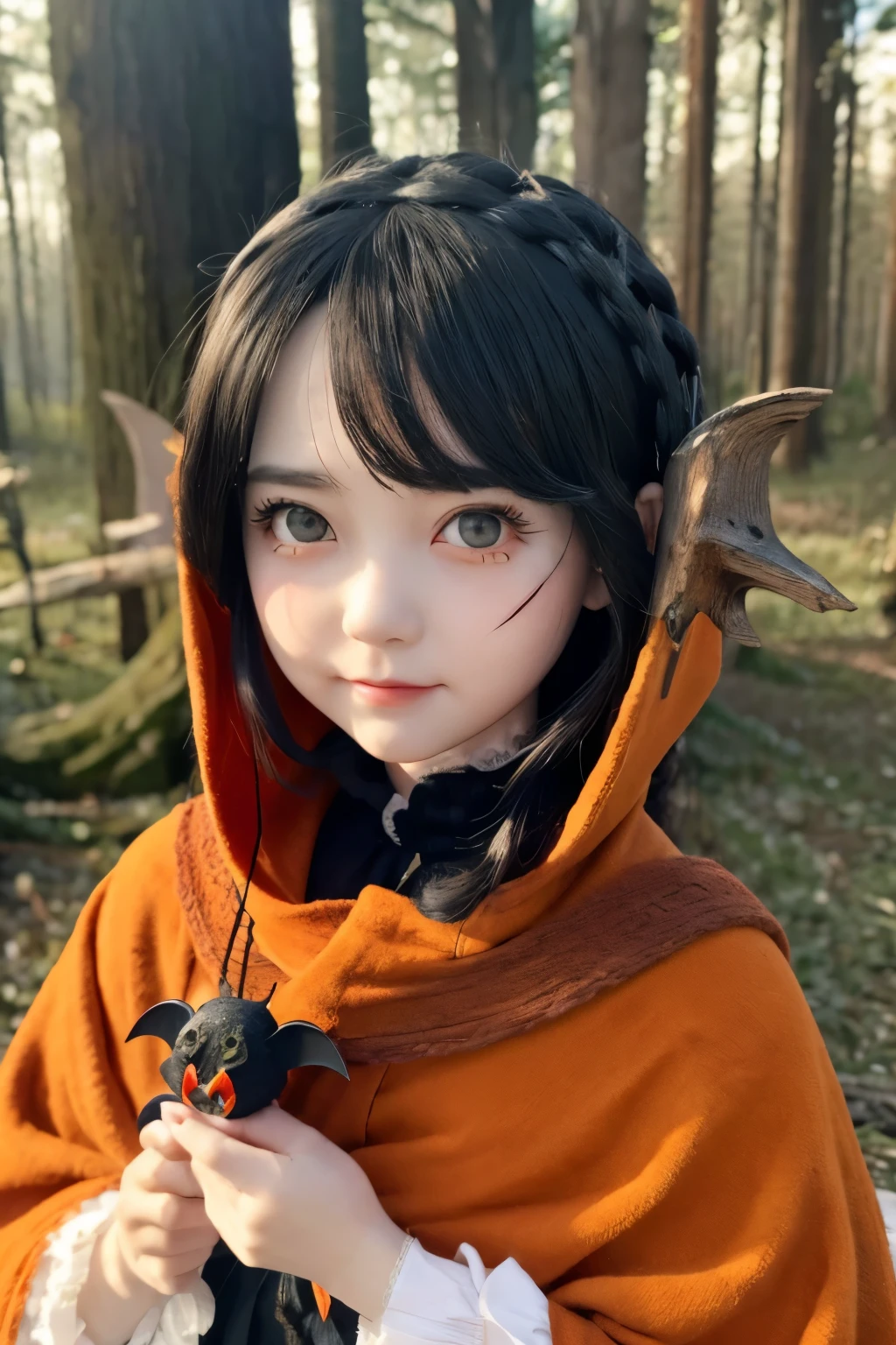 Photorealistic、Cute horror fantasy、ちび女の子doll(Devil Cosplay、Wicked Smile、Sagging under the eyes、Long eyebrows、Long nails、Orange eyes、Wear a long, big cloak) BREAK ,background(dollの周りに音符, (dead tree:1.3), in the forest,shadow the cardboard\(Bat,doll,Crow\)\)
