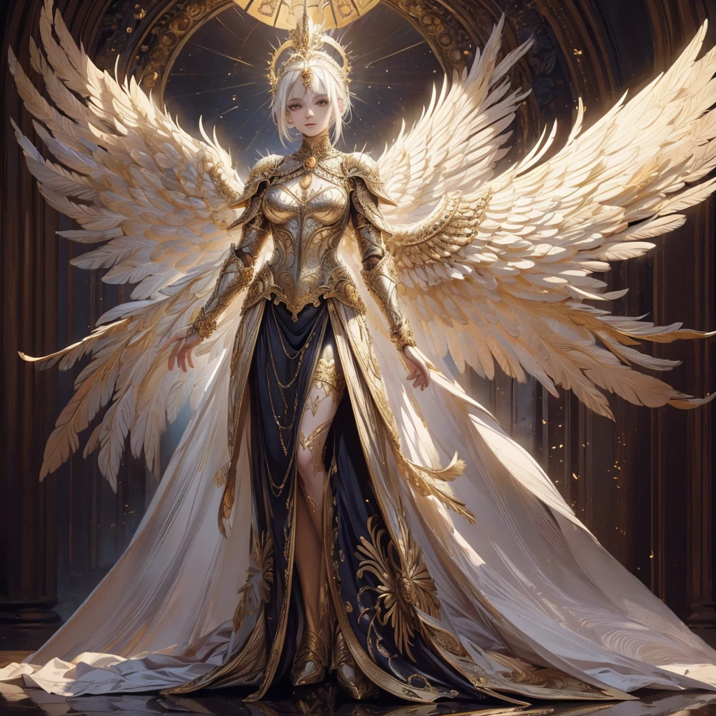 Art of elderly mature woman wearing sun crown, Wearing ornate golden breastplate that exposes a small amount of skin above the chest, A pair of armored angelic wings spreading out behind the woman and the wings have extremely long size feather that even taller than the woman's body, Ancient goddess art, Sacredness. Very detailed, Mysterious inspiration, Inspiration from the Sun God, Religious inspiration, Cold and snobbish face, No smile, Dangerous impersonal expressions, White hair, Standing, Full body portrait, Gothic art style, Weird art style, Occult art