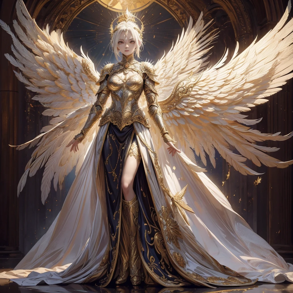 Art of elderly mature woman wearing sun crown, Wearing ornate golden breastplate that exposes a small amount of skin above the chest, A pair of armored angelic wings spreading out behind the woman and the wings have extremely long size feather that even taller than the woman's body, Ancient goddess art, Sacredness. Very detailed, Mysterious inspiration, Inspiration from the Sun God, Religious inspiration, Cold and snobbish face, No smile, Dangerous impersonal expressions, White hair, Standing, Full body portrait, Gothic art style, Weird art style, Occult art
