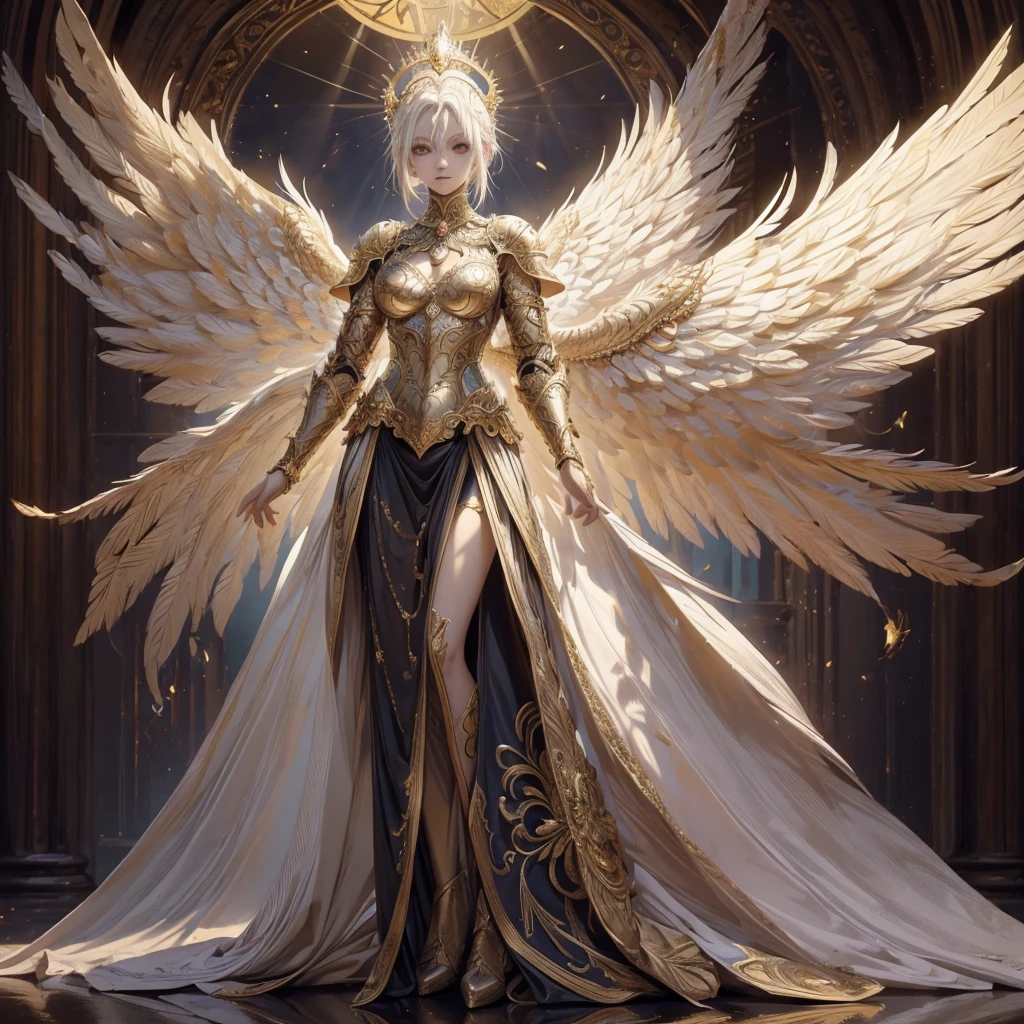 Art of elderly mature woman wearing sun crown, Wearing ornate golden breastplate that exposes a small amount of skin above the chest, A pair of armored angelic wings spreading out behind the woman and the wings have extremely long size feather that even taller than the woman's body, Ancient goddess art, Sacredness. Very detailed, Mysterious inspiration, Inspiration from the Sun God, Religious inspiration, Cold and snobbish face, No smile, Dangerous impersonal expressions, White hair, Standing, Full body portrait, Gothic art style, Weird art style, Occult art