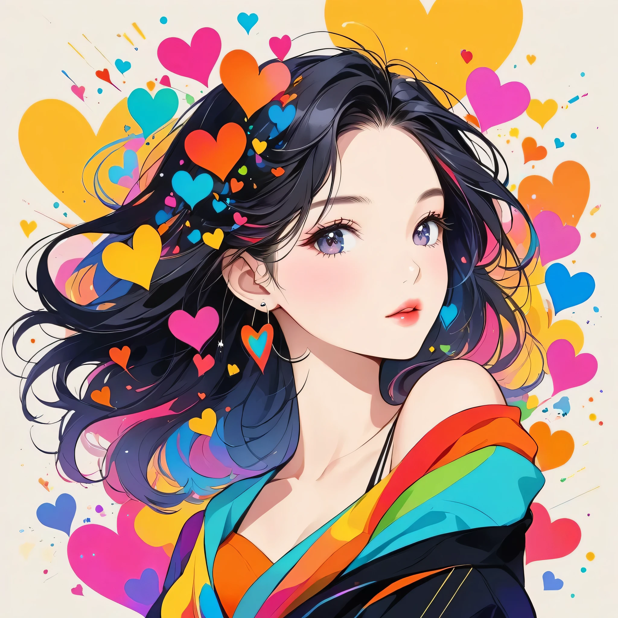 Black Star colorful style, Simple Line Initialism,Abstract art,Urban Background, (((The most beautiful girl of all time))), Sweet face. Lips in love, colorful hearts, stylish design
