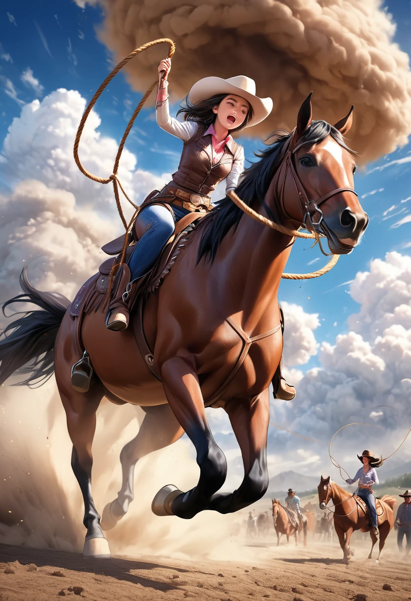 a beautiful cute girl riding a wild bucking horse, incredible horseriding skills, thrilling rodeo scene, dust clouds rising from the ground, girl's exciting facial expression, ultra-detailed, 8k, photorealistic, vivid colors, dramatic lighting, action, cowgirl, western style, cowgirl outfit, leather, boots, hat, lasso, outdoor field, blue sky, dramatic clouds