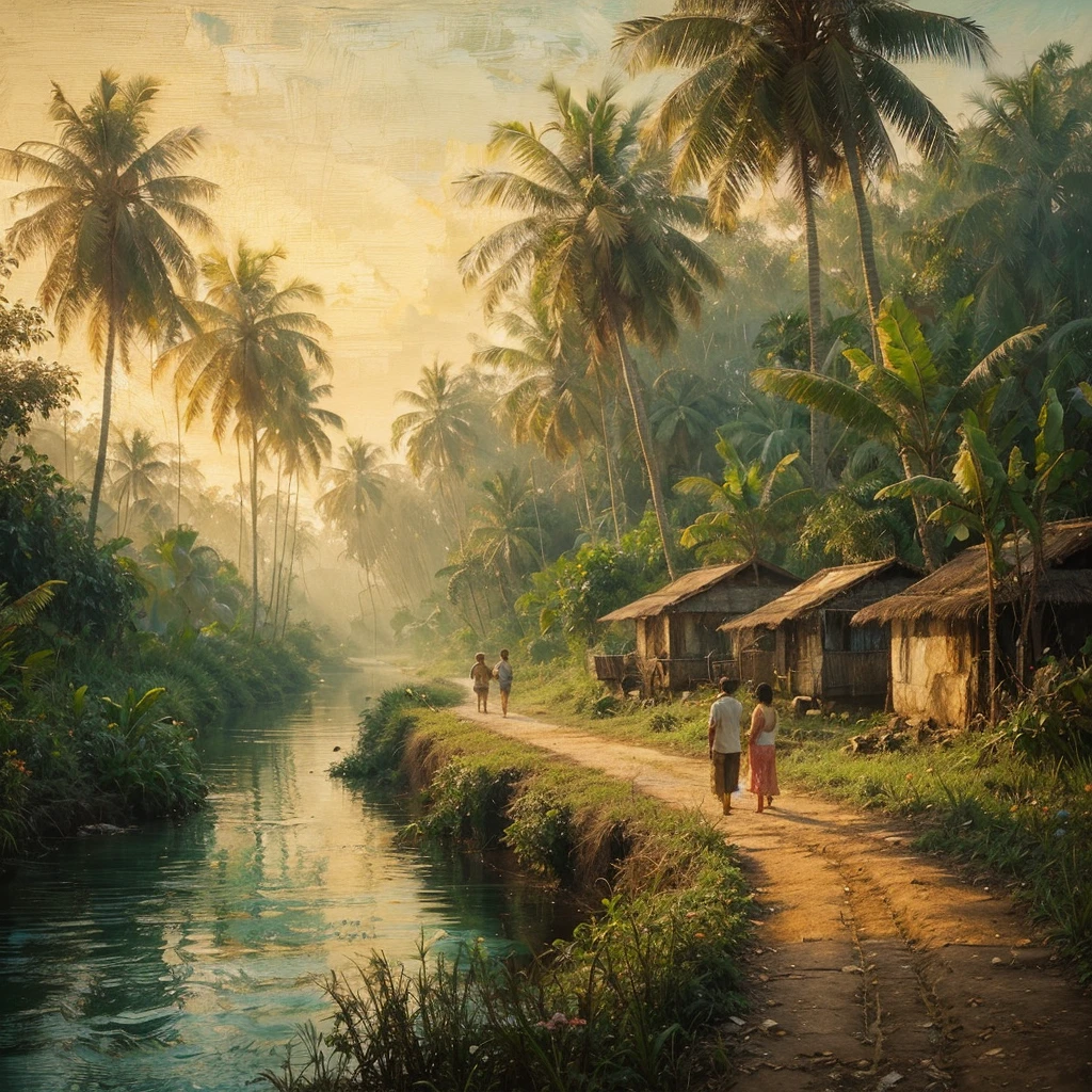 soft palette knife painting, documentary photography of landscapes in the afternoon,coconut tree,banana tree,small river,tepian small river,a small road there is an Indonesian farmer walking with his wife,soothing and cooling feeling, dull canvas,soft wax encaustic and oil painting,soft strokes, exotic scene, vintage colour