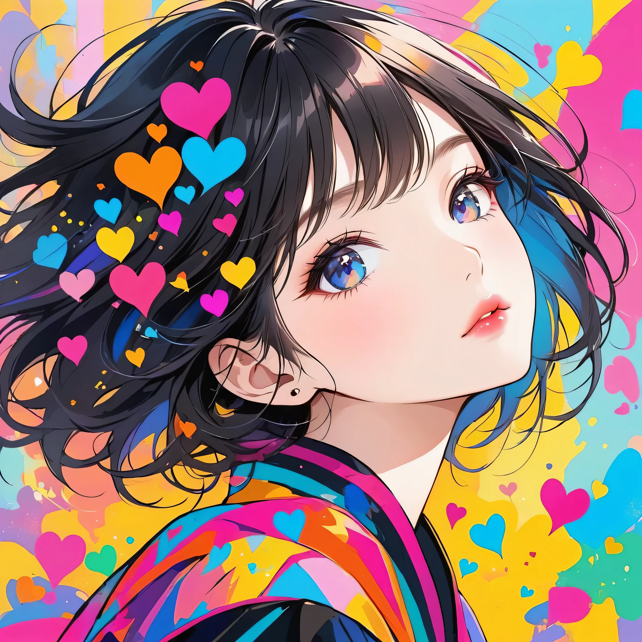 Black Star colorful style, Simple Line Initialism，Abstract art，Urban Background, (((The most beautiful girl of all time))), Sweet face. Lips in love, colorful hearts, stylish design