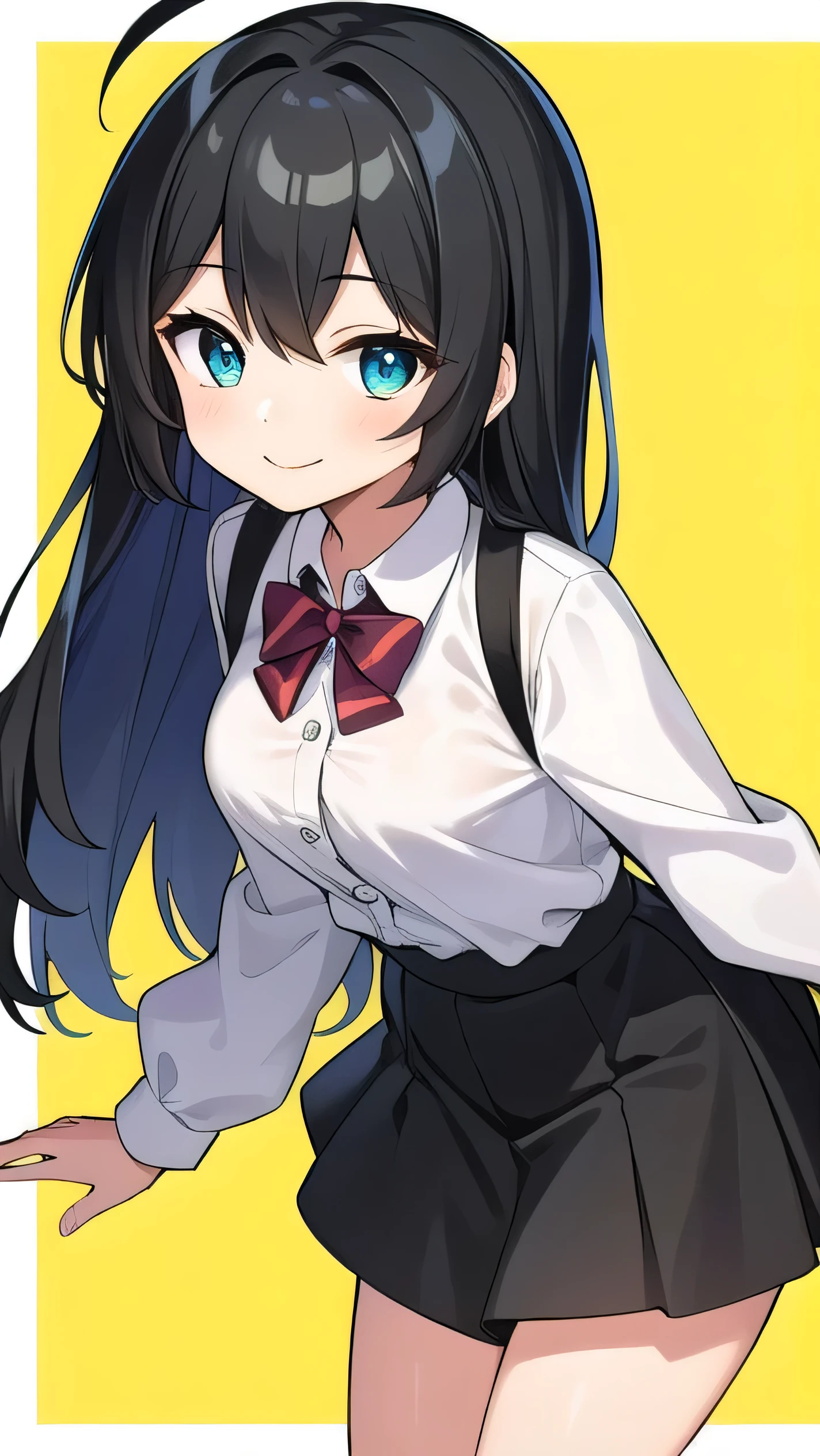 Junior high school student who looks like an elementary school student, 14 years old, very short, 140cm tall, black hair with a slight green tinge, short ahoge, beautiful long hair but with a little hair sticking out, beautiful round eyes, blue eyes, smile, boyish, long sleeves , thick clothes, skirt, big breasts, hair longer than waist, long hair, young face, dark greenish black hair, gentle smile, a little shy, skirt is black, hair is black but has a slight green tinge, boyish and gentle smile I have.
