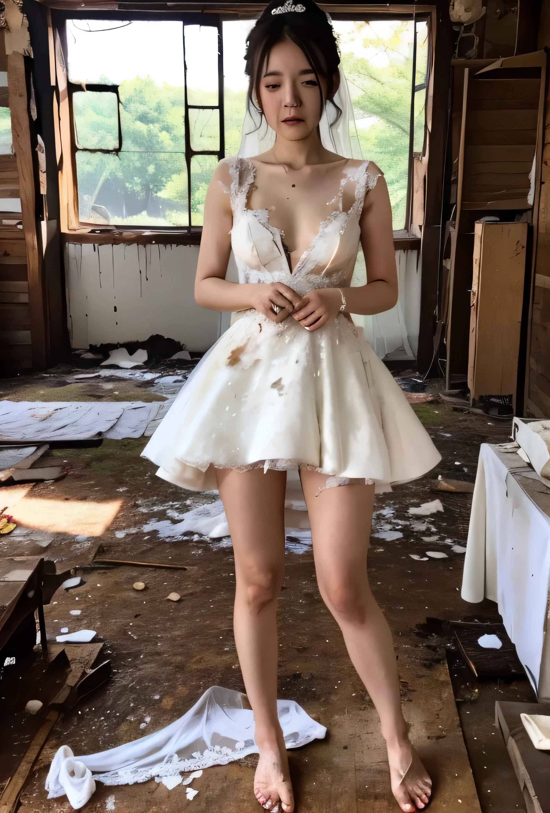 (Highest quality, masterpiece, 4K, photograph, Fine:1.4), (A beautiful girl was crying in her burnt and tattered mini wedding dress.:1.3), church, wedding, Almost naked, A beautiful girl crying in a tattered wedding dress, ponytail, The chest of her mini-length dress is torn, revealing her breasts., Thighs in full view, Walking while crying, Full body video:1.25, Burned white mini wedding dress
