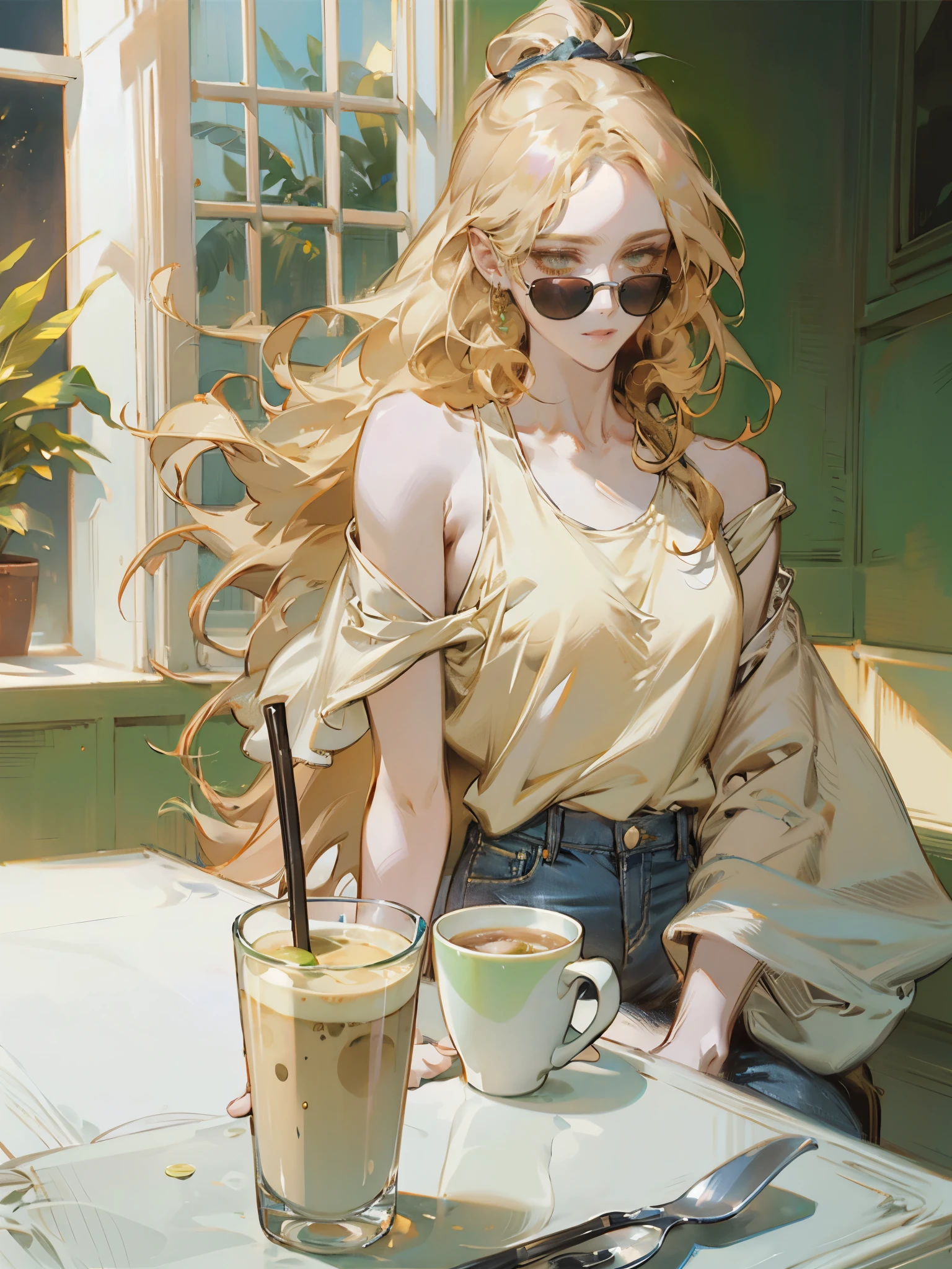 A woman sitting outside at a café table. She is wearing a white tank top and blue denim shorts. Her blonde hair is tied back in a high ponytail, and she is wearing large black sunglasses. In front of her on the table is a large yellow cup with a green drink, possibly a matcha latte, decorated with latte art. There are also several glass cups on the table, one of which contains a drink with a slice of lemon, a metal holder for cutlery, and a smartphone. In the background, there is greenery and part of a building with white window frames. The woman is looking directly at the camera with a slight smile on her face. The atmosphere is calm and cozy, highlighting a relaxed setting., chiaroscuro, depth of field, cinematic lighting, sparkle, god rays, ray tracing, stereogram, multiple views, Canon, UHD, retina, masterpiece, accurate, anatomically correct, textured skin, super detail, high details, high quality, award winning, best quality, highres, 1080P, HD, 4K, 8k, 16k
