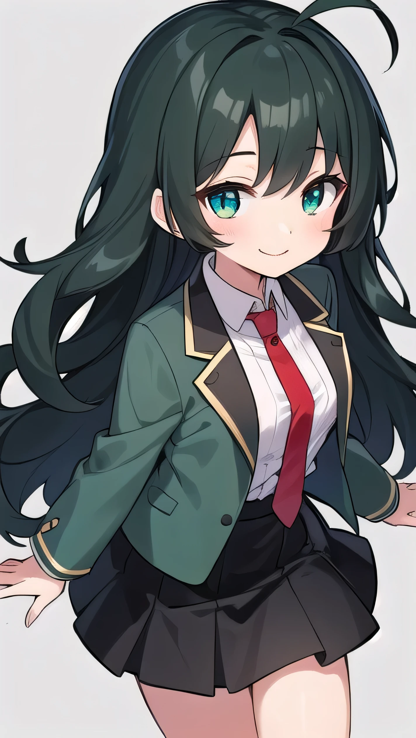 Junior high school student who looks like an elementary school student, 10 years old, very short, 140 cm tall, black hair with a slight green tinge, short ahoge, beautiful long hair but with a little hair sticking out, beautiful round eyes, blue eyes, smile, boyish, long sleeves, Thick clothes, skirt, big breasts, hair longer than waist, long hair, childish face, gentle smile, a little shy, black skirt, black hair with a slight green tinge, boyish, gentle smile, jacket one size larger, ( Deep greenish black hair: 1.3), dark green jacket, white shirt, (red tie:1.5), black skirt
