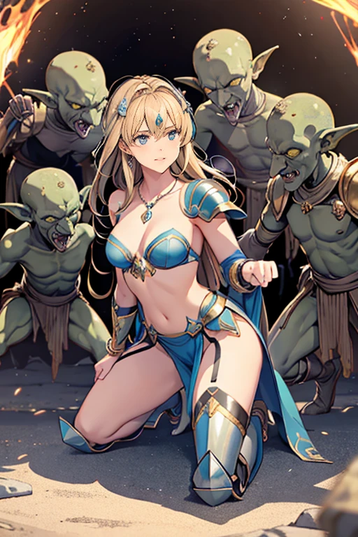 1 mature female,Age 25,(A female paladin surrounded and attacked by three goblins),(Goblin in heat),((Gorgeous Paladin Armor,Arm guard,Leg guards,With a dagger and a small shield)),Dynamic pose,Dynamic Angle,cave,(weak々Kneeling deeply),(Are crying,anger),belly button,Large Breasts,(Gorgeous Necklace,jewelry, bracelet)