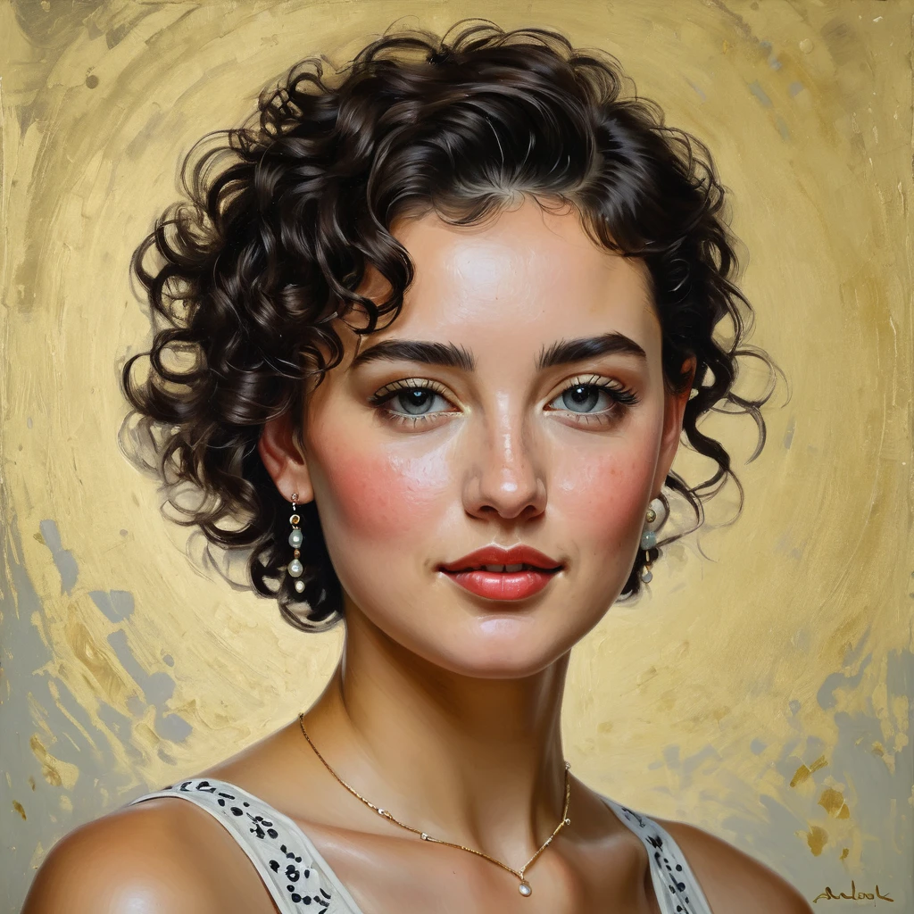 A 45 grade shot portrait of a woman adorned with a tiny dot birthmark in the corner of her cheek and a curly short hair, rendered in oil on canvas. This beautiful oil painting of a modern girl with tiny earring,' showcases detailed brushwork. It is inspired by the styles of Andrei Ryabushkin and Andrey Esionov, capturing the essence of alla prima oil painting, dynamic pose, masterpiece.