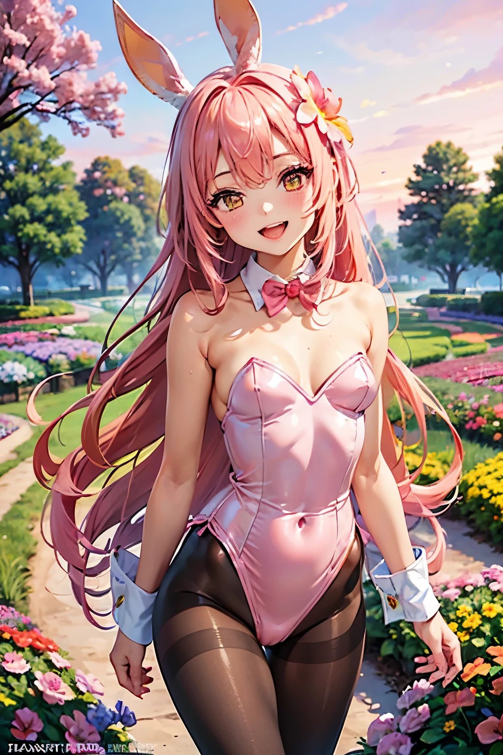 best quality, (masterpiece:1.3), absurdres, highres,16k, ultra high res, official art, illustration,extremely detailed, 1girl, solo, full body, 20yo, 
delicate lines tailed face, (long hair1.2), (straight hair1.8), (beautiful (coral pink) hair:1.2), (shiny hair:1.2), (beautiful (gold) eyes:1.2), (shiny eyes:1.2), (small breasts), (gleaming skin:1.4),

looking at viewer, (cowboy shot:1.5)
standing, laugh with open mouth,
(playboy bunny, playboy years, pantyhose:1.2),
(fantasy, flower garden:1.5), (pink gradient sky:1.5), (magical tree:1.5)