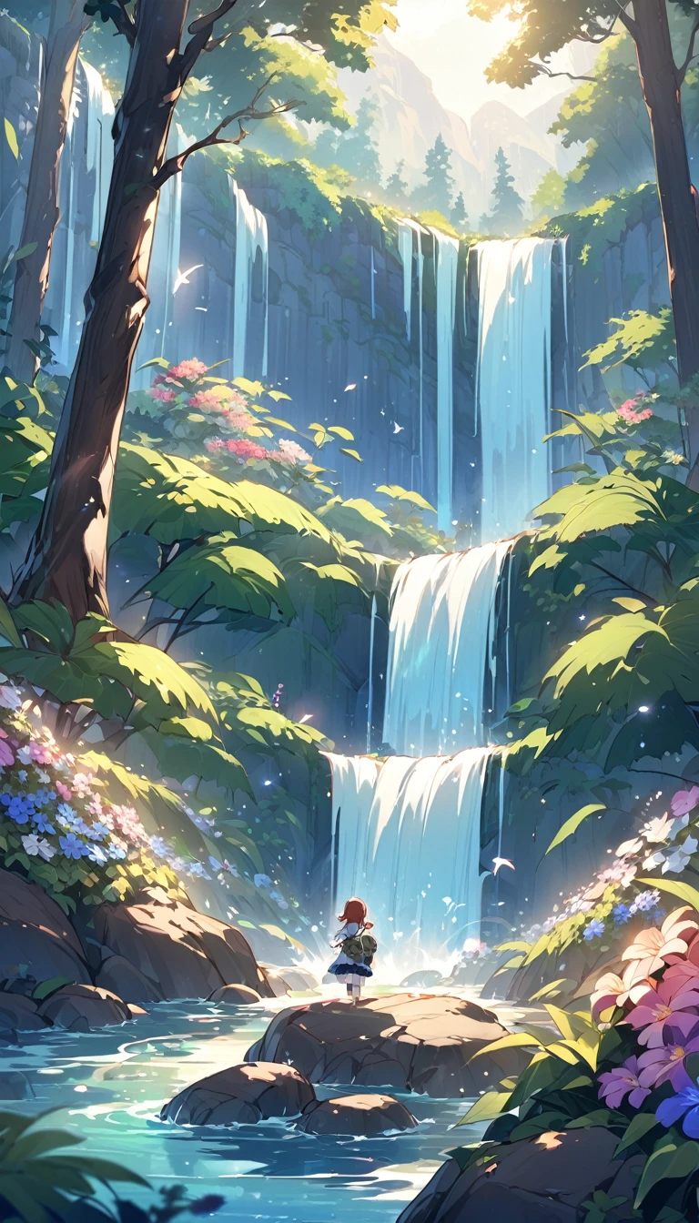 Under the blue sky、Beautiful waterfall,Surrounded by dense forests。Waterfall sparkling in the sun.、Splashing water。Colorful flowers blooming around the waterfall、The chirping of birds echoes in the air.。Mountains in the distance々It is a series、The scenery spreads, Let people feel the magnificence of nature.。this place、Full of tranquility and beauty,Soothe the soul。little boy,little girl,climb mountains