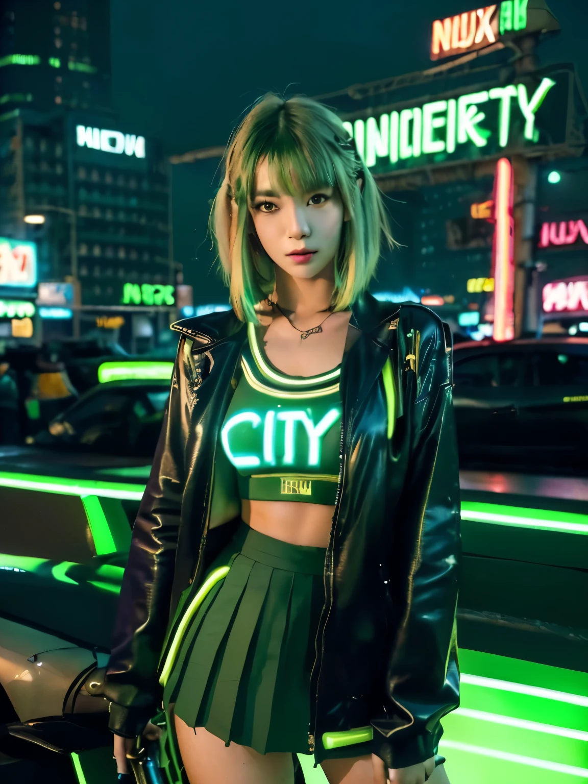(((cyberpunk world))), (masterpiece, highest quality, best quality, official art, beautiful and aesthetic:1.2), (girl 1명:1.4), whole body, 16 years old, super short hair, (green hair:1.4), (very detailed:1.3), (fancy:1.5), (mechanical modification:1.3), girl, (neon background:1.4), (neon city:1.75), night, big bust, (high school :1.5), high heel, assembly, (cyberpunk:1.4), (looking at viewer:1.3), giant ,