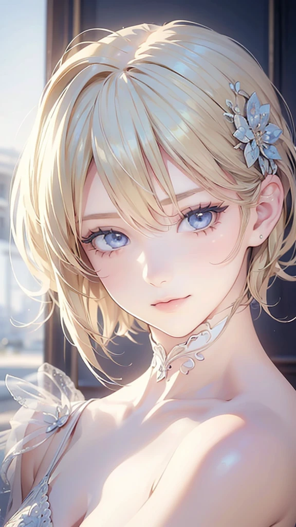 (masterpiece: 1.2, Highest quality), Realistic, (Realistic Picture, Intricate details, Depth of written boundary), Highest quality, masterpiece, Very detailed, Semi Realistic, 1 girl, Mature Woman, 21 years old, Blonde Short Hair, (Very delicate and beautiful face), (Beautiful eyes in every detail), blue eyes, King&#39;s Clothes, Red Cape, Slim figure, A crown made of precious gold,