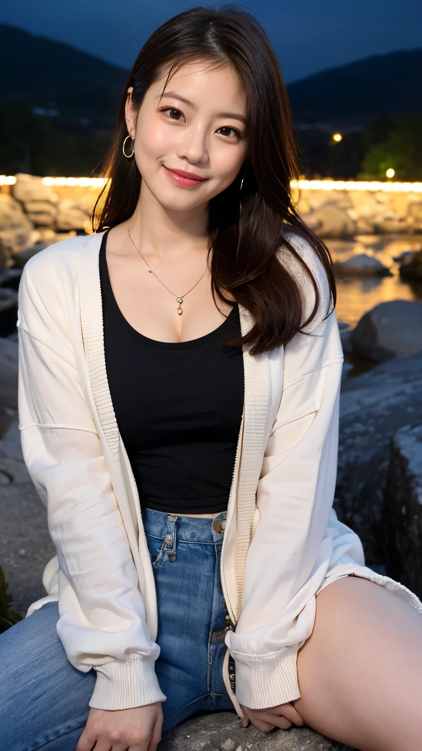 ((High-definition images, masterpiece, atmospheric perspective, 8K, Super detailed, Accurate, highest quality, single shot)), (((cute western woman masturbating))), (casual style), Jacket, unbuttoned shirt, swollen areole, (round face, Realistic eye size, droopy eyes, blush, smile), (((stand and spread your legs, ))), (in the forest, Mountain, rock, Narrow River, At night), blonde braid hair, small earrings, thin necklace, (light makeup),