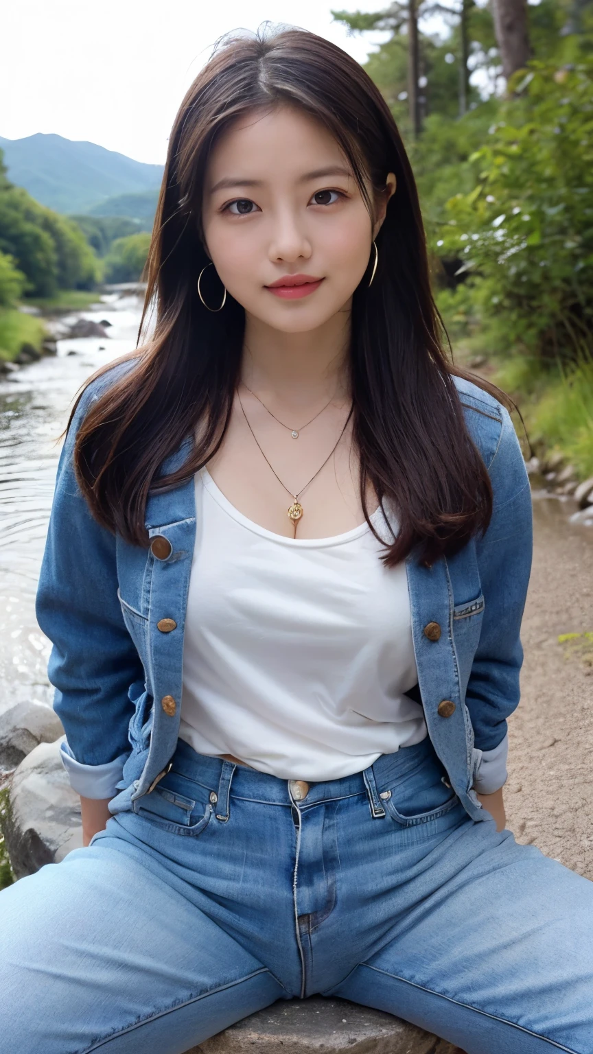 ((High-definition images, masterpiece, atmospheric perspective, 8K, Super detailed, Accurate, highest quality, single shot)), (((cute western woman masturbating))), (casual style), Jacket, unbuttoned shirt, swollen areole, (round face, Realistic eye size, droopy eyes, blush, smile), (((stand and spread your legs, ))), (in the forest, Mountain, rock, Narrow River, At night), blonde braid hair, small earrings, thin necklace, (light makeup),