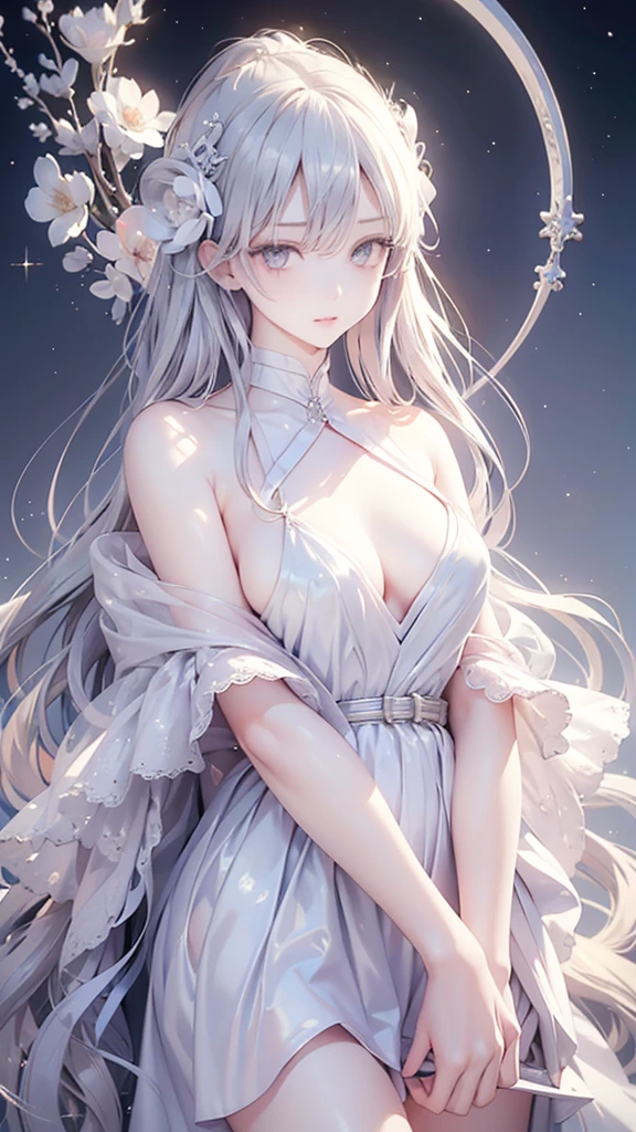 masterpiece, Best night, full moon, 一人のwoman, 成熟したwoman ,Cold Face, Expressionless, silvery white, Long Hair, woman, (Very delicate and beautiful face), (Beautiful eyes in every detail), Pale pink lips, calm, intellectual, Three Belts, Grey Eyes, Flowers,