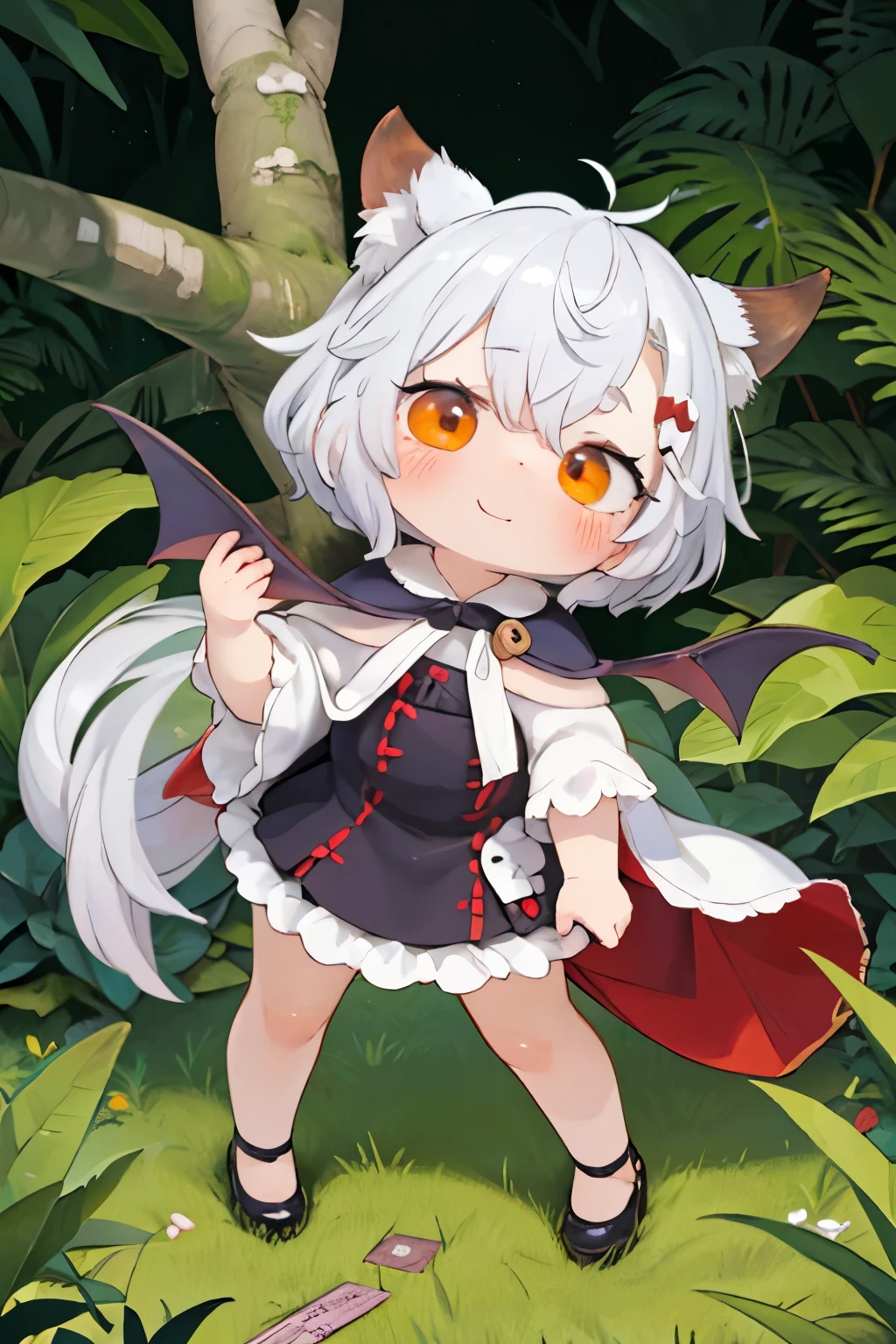 Photorealistic、Cute horror fantasy、ちび女の子doll(Devil Cosplay、Wicked Smile、Sagging under the eyes、Long eyebrows、Long nails、Orange eyes、Wear a long, big cloak) BREAK ,background(dollの周りに音符, (dead tree:1.3), in the forest,shadow the cardboard\(Bat,doll,Crow\)\)