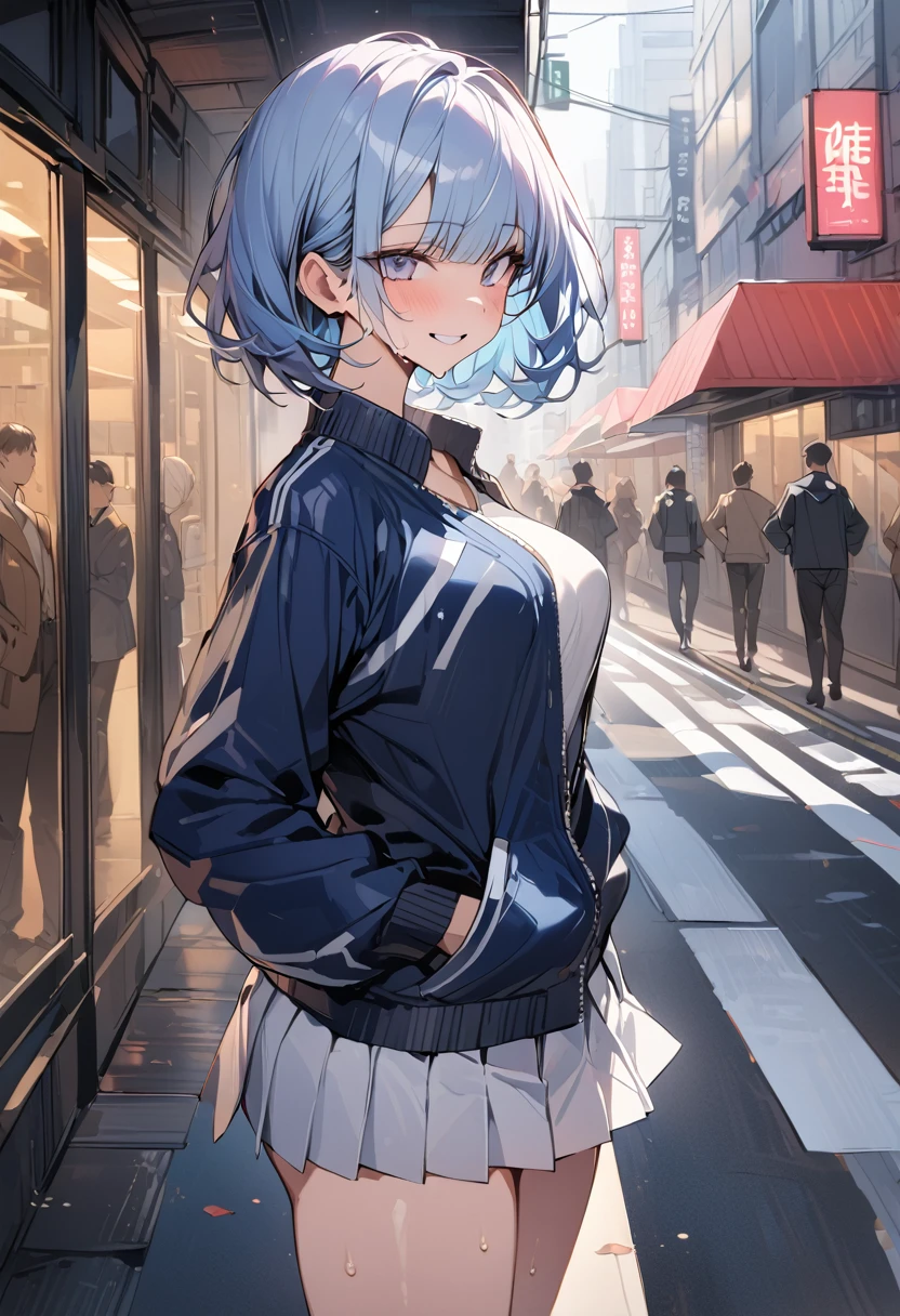 ((masterpiece,Highest quality:1.3,best quality illustration)),cowboy shot,独奏,1woman,(Mature Beauty),light blue hair,short hair,bangs,gray eyes,(gorgeous eyes),((very small head)),fun,smile,((very long body,skinny)),medium breasts,((Navy blue baseball jacket、White pleated mini skirt)),gleaming skin,oily skin,slender body,sweat,standing,on street,Shibuya Station、