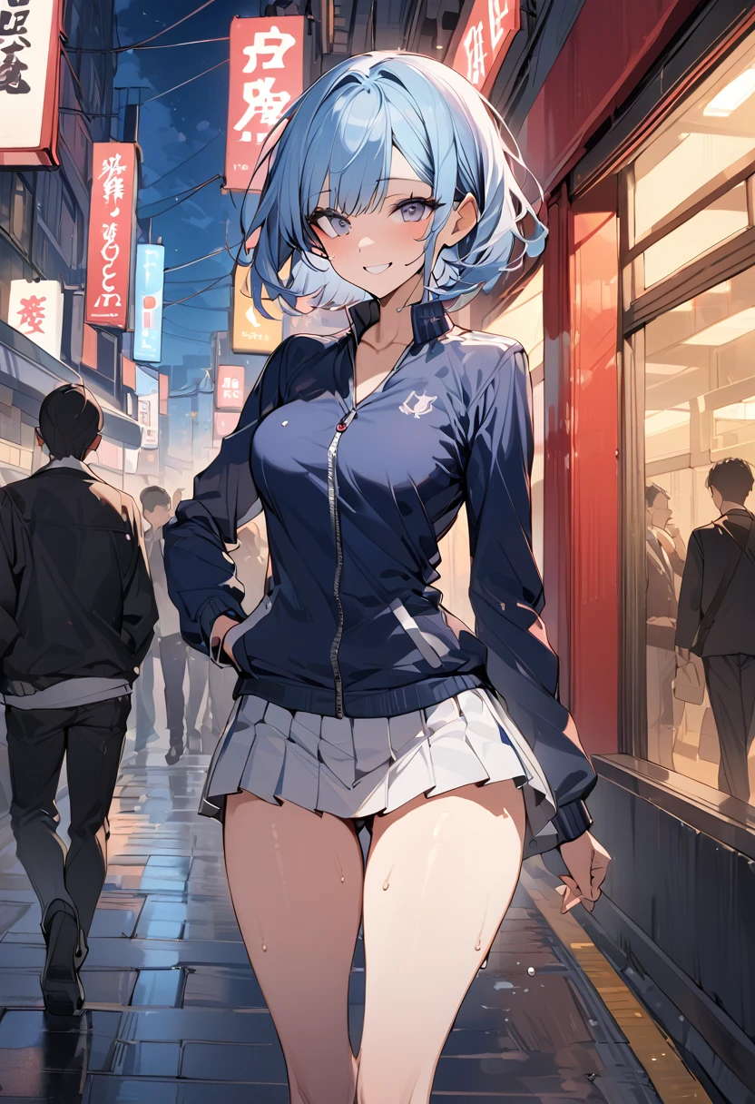 ((masterpiece,Highest quality:1.3,best quality illustration)),cowboy shot,独奏,1woman,(Mature Beauty),light blue hair,short hair,bangs,gray eyes,(gorgeous eyes),((very small head)),fun,smile,((very long body,skinny)),medium breasts,((Navy blue baseball jacket、White pleated mini skirt)),gleaming skin,oily skin,slender body,sweat,standing,on street,Shibuya Station、