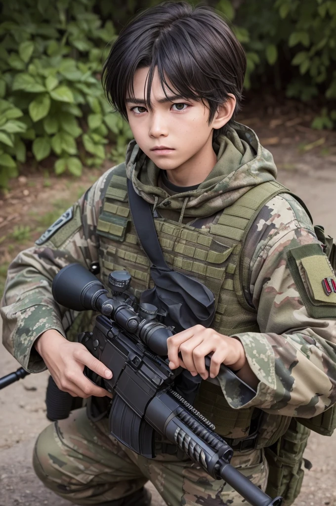 A scene depicting an anime-style boy character, dressed in a ghillie suit. The ghillie suit is a type of camouflage clothing that resembles heavy foliage, typically used in military scenarios by snipers and special ops operators. The boy is ready for operation, manifesting the character traits customary to special ops sniper operators: alert, controlled and focused. His sniper rifle is well-prepared for the action, showing signs of wear and tear from past missions. Remembering to keep the features typical in anime, such as large eyes and exaggerated expressions, will help maintain the authenticity of the character.