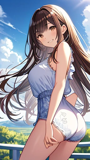 Highest quality, masterpiece, Ultra-high resolution, 8k,Summer sky,early summer,((Summer clothes)),Show anime style , One, Soft line drawing, Digital Enhancement, shojo anime touch, shojo manga core, Flowing fabric, close, Soft Drawing, Ultra High Definition Digital Anime Art, Clear facial depiction, Highly detailed girl manga character art, Ultra-detailed manga style, Highest qualityの色,
(Long brown hair), Wet Hair,Staring at us from the front,Long black hair, Clear brown eyes, Large Breasts,Small Ass,(((Teasing Smile))),hand,Landscape with nature,Look up at the sky,Angle that allows you to see all the way to your feet、Big Breasts