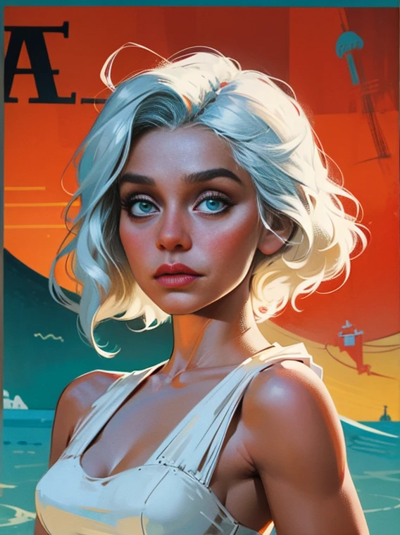 old retro poster, USSR, Soviet Union, neon, photo shoot, Daenerys Targaryen, with short white wavy hair, hairstyle 30x, expressive breasts, in a white sundress, fashionista, 80s, bright, hd
