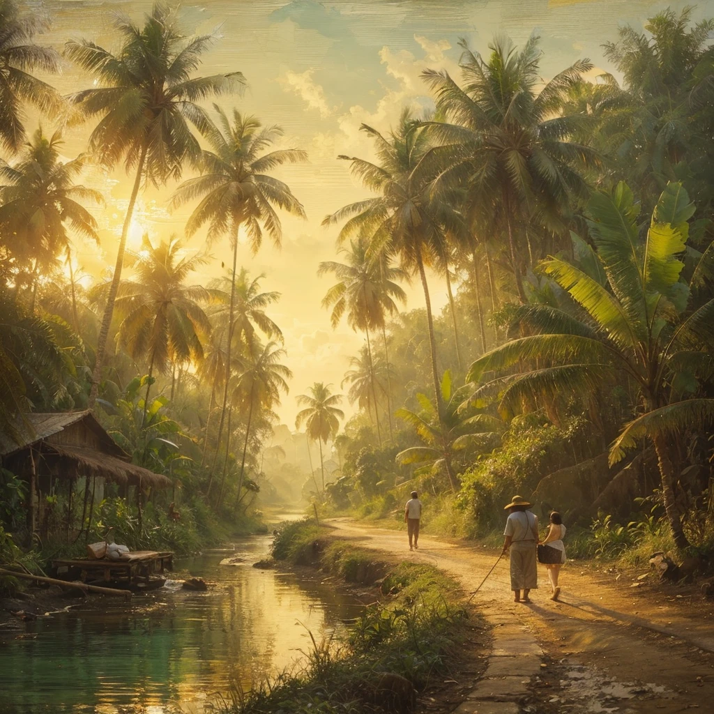 soft palette knife painting, documentary photography of landscapes in the afternoon,coconut tree,banana tree,small river,tepian small river,a small road there is an Indonesian farmer walking with his wife,soothing and cooling feeling, dull canvas,soft wax encaustic and oil painting,soft strokes, exotic scene, vintage colour