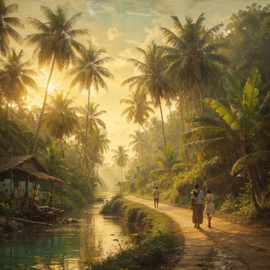 soft palette knife painting, documentary photography of landscapes in the afternoon,coconut tree,banana tree,small river,tepian small river,a small road there is an Indonesian farmer walking with his wife,soothing and cooling feeling, dull canvas,soft wax encaustic and oil painting,soft strokes, exotic scene, vintage colour