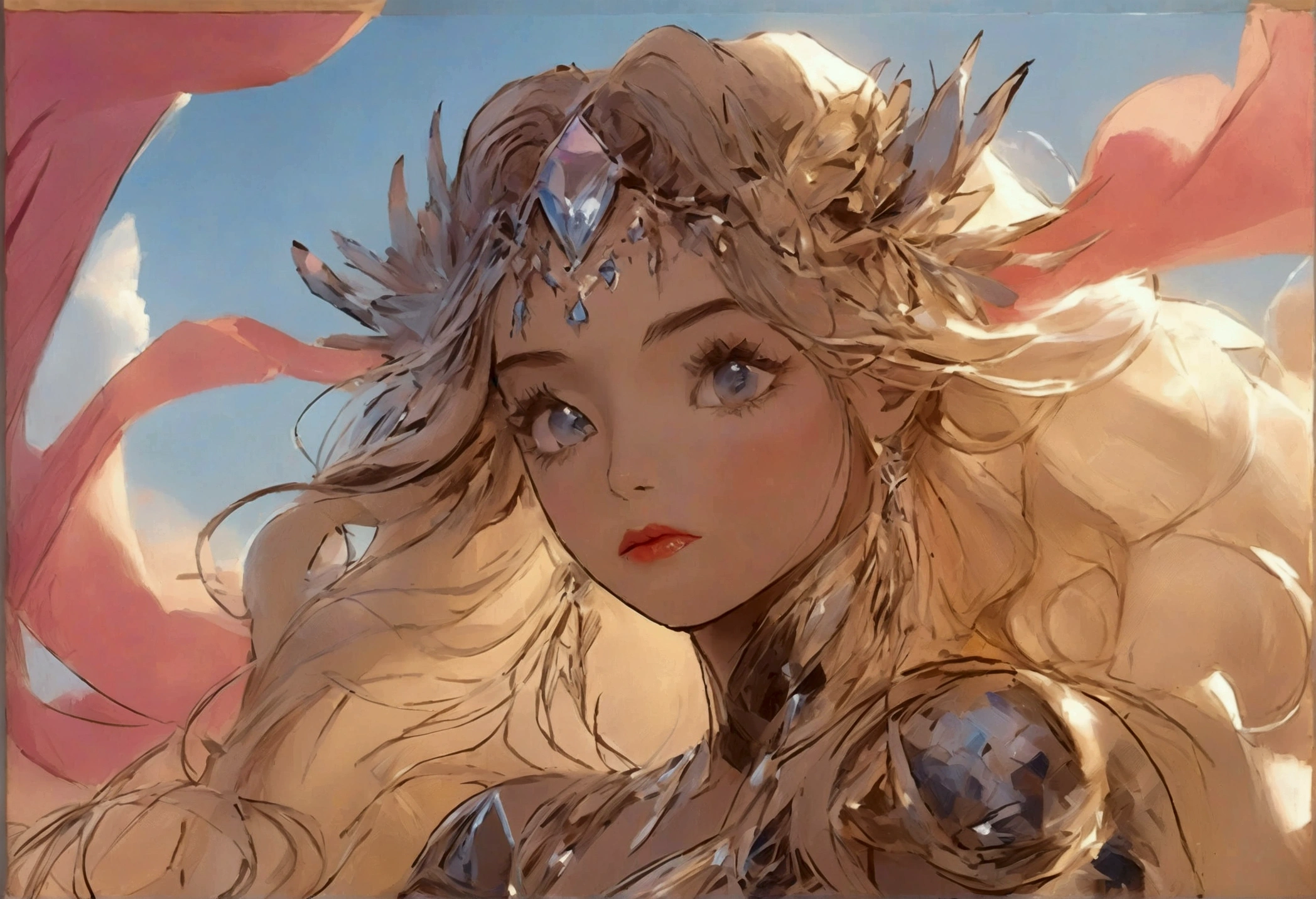 RAW photo, best quality,
beautiful scene, not possibly imagined, fantasy style, a stunningly beautiful maiden steps into view,
full vibrant dreamy watercolor sky,
airbrush painting,