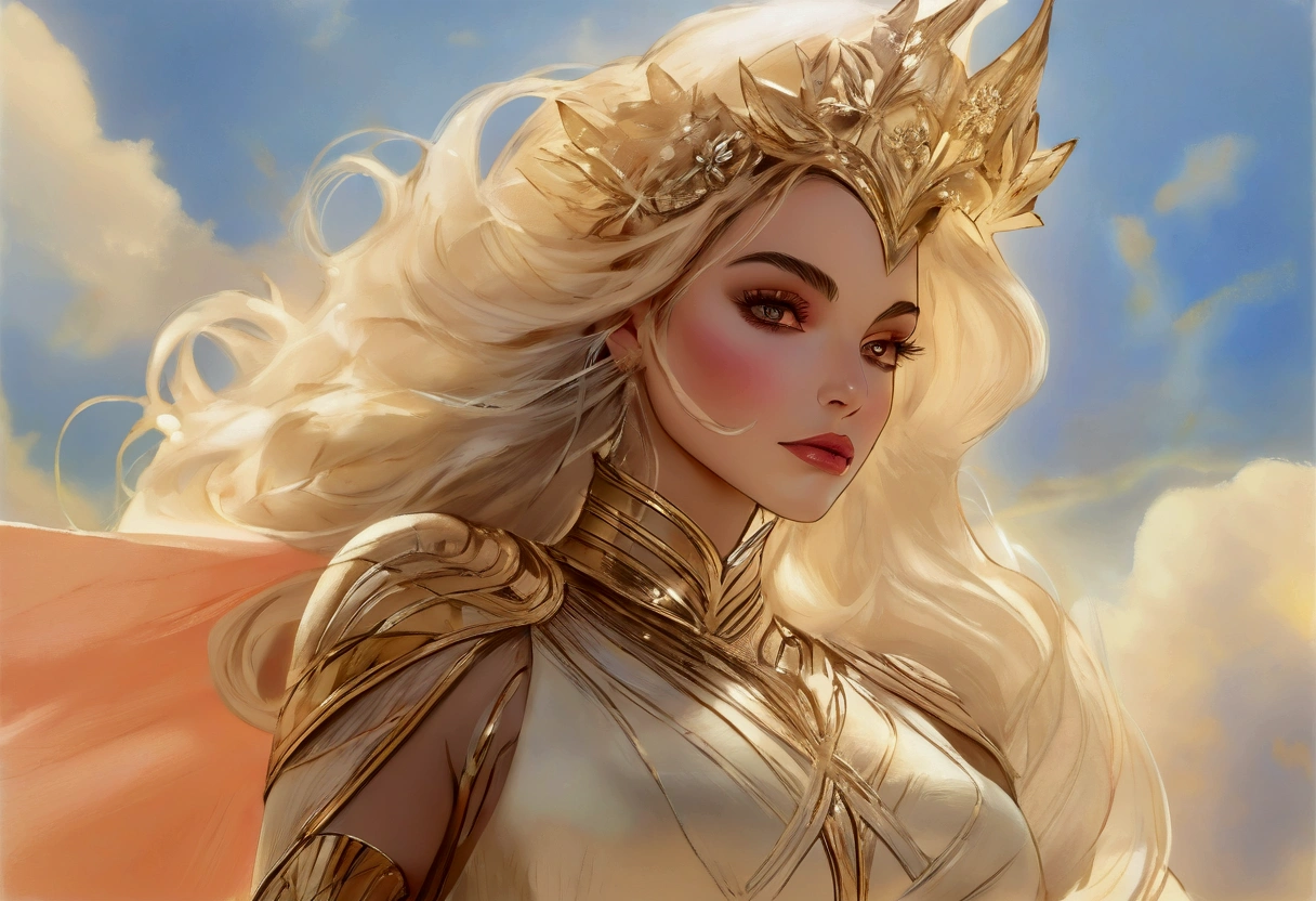 RAW photo, best quality,
beautiful scene, not possibly imagined, fantasy style, a stunningly beautiful maiden steps into view,
full vibrant dreamy watercolor sky,
airbrush painting,