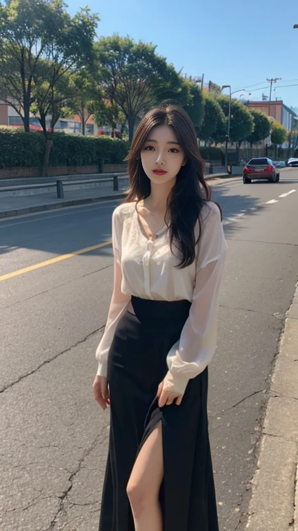 1 Girl,roadside,Soft Light,Chinese Beauty,Long skirt,Dark-haired
