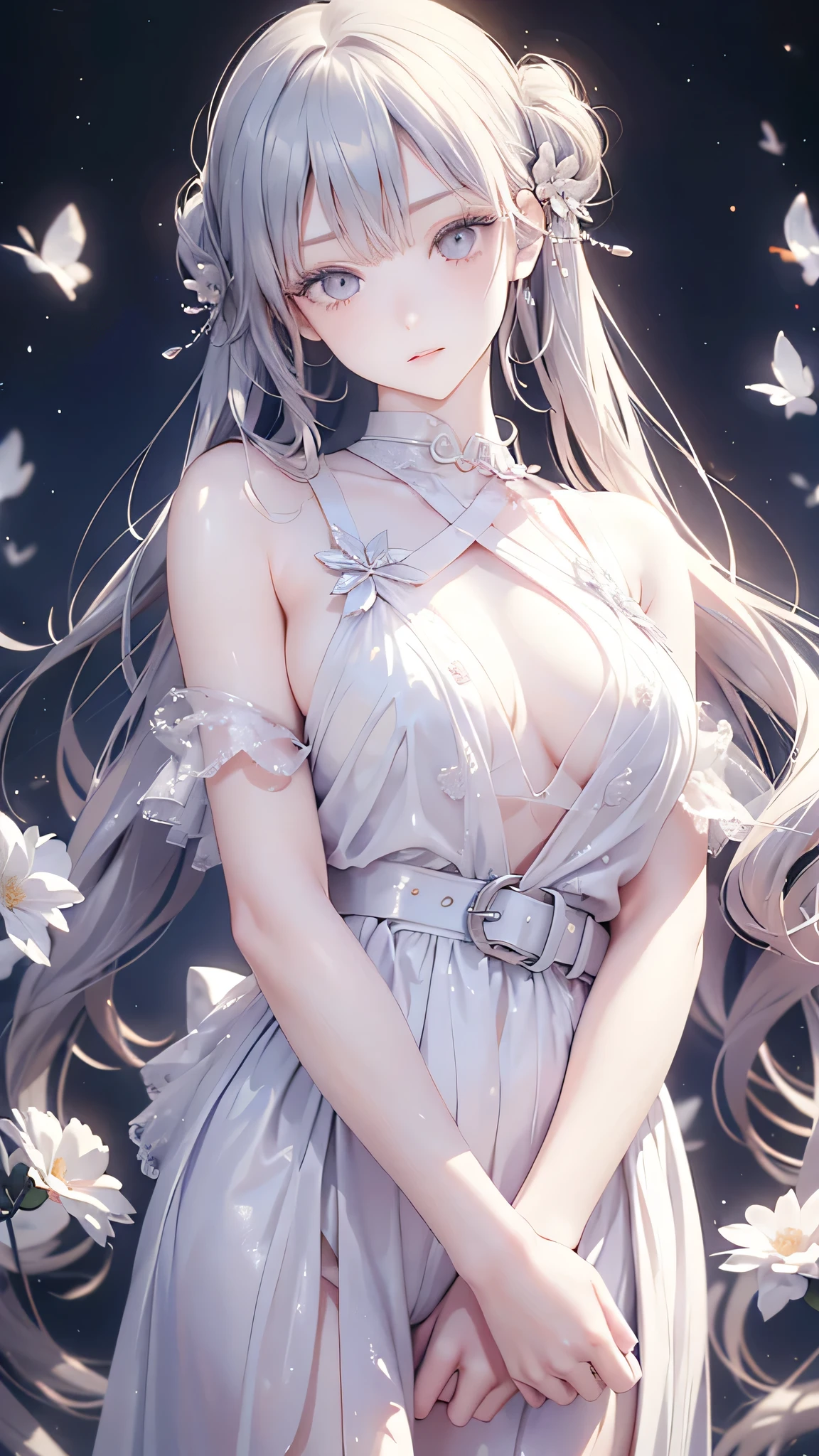 masterpiece, Best night, full moon, A woman, Mature woman ,Cold Face, Expressionless, silvery white, Long Hair, woman, (Very delicate and beautiful face), (Beautiful eyes in every detail), Pale pink lips, Calm, intellectual, Three Belts, Grey Eyes, Flowers, 