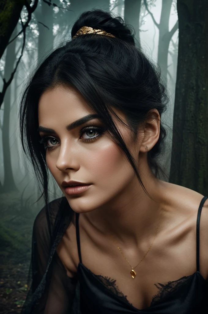 A close-up of a beautiful woman with striking features, enhanced with dramatic makeup to highlight her eyes and lips.
Background: A dark, eerie forest or a haunted house, with a subtle glow or mist to add a supernatural touch.
Text: Bold, elegant font in a contrasting color (like white or gold) that reads "Ek Sunder Pishachini." Position it either at the top or bottom of the thumbnail.
Additional Elements: Subtle, ghostly elements around the woman, like a faint glow around her or shadowy figures in the background to suggest her supernatural nature.