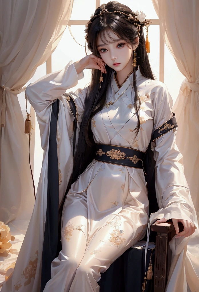 Best image quality、8k、masterpiece:1.3))、Realistic high-quality photos、Highest quality、 Beautiful face、Photos of slim models、Beautiful girl model、Young and pretty face、Beautiful model girl、A lovely and delicate face、Black Hair、Beautiful brown eyes、Young Body、Hanfu, (emphasize)、from the front、Camera gaze,、Anatomically correct、胸の谷間をemphasize、whole body、13-year-old female model、Exposed thighs、White clothes