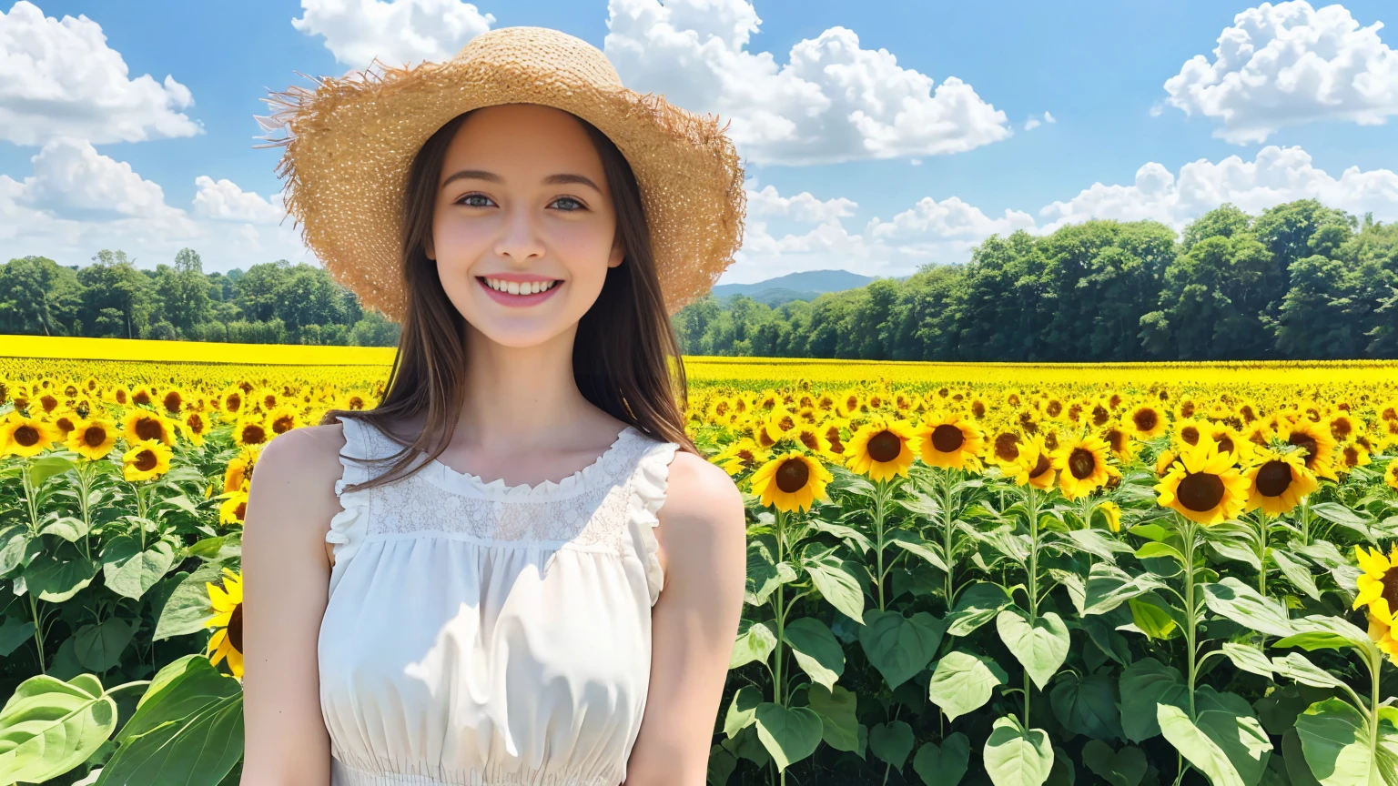 In the background there is a field of sunflowers.、A realistic illustration of blue sky and white cumulonimbus clouds。With brown hair close to gold、The girls who get tanner the further down they go、She is wearing a white sleeveless blouse and a white skirt。Her long hair flows loosely、Her gentle, jewel-like blue eyes are smiling happily.。Capture the elegance of her and the sunflower fields, and the atmosphere that makes you feel like summer is just around the corner.。She stands in the center so that her whole body can be seen。Wearing a white straw hat。