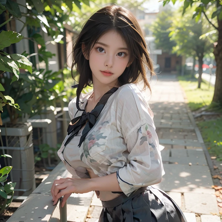 ((((highest quality)))), (((Ultra-precision CG 16K))), (((masterpiece))), (((Very detailed))), (((Extremely detailed))), (((Black outline:1.3, Written boundary depth:1.3 , Written soft outline))), Maximum clarity and sharpness,Multilayer Texture, Surface Shading, Cinematic lighting, Beautiful details sparkle ,Perfect Proportions, Limited to three woman, BREAK accurate, Anatomically correct, Highly detailed face and skin texture, drawn in detail, Highly detailed facial and skin texture, Detailed eyes, beautiful hair, Beautiful Japanese Idol face, Beautiful and beautiful eyes, Beautiful body, Beautiful breasts, Beautiful thighs, Beautiful legs, Beautiful fingers, (Beautiful views) , skinny body, ((Beautiful Skin)), ((Skin Texture)) BREAK breast enlarged, medium Breasts, rocket breasts, (((perky breasts))), (covered nipples), slender waist, (smiling , narrow eyes, blush, determined expression, hot, sweaty , Heavy breathing,) BREAK (((wearing oversized character printed sexy top,  wearing outfit in casual way, wearing pleats mini-skirt, breasts is covered by outfit))) , wearing earrings, BREAK ( stick breast out),(((looking at viewer, super detailed background , cumulonimbus of summer sky, high school student standing quietly and put hands in the pocket at vivid green Vast grasslands , from random angles ))),