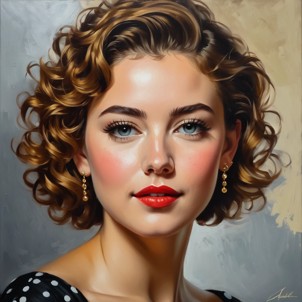 A 45 grade shot portrait of a woman adorned with a tiny dot birthmark in the corner of her cheek and a curly short hair, rendered in oil on canvas. This beautiful oil painting of a modern girl with tiny earring,' showcases detailed brushwork. It is inspired by the styles of Andrei Ryabushkin and Andrey Esionov, capturing the essence of alla prima oil painting, dynamic pose, masterpiece.